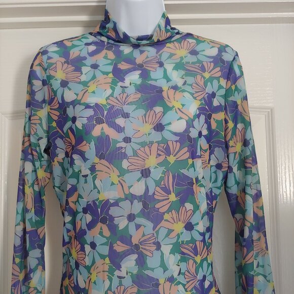 Maeve Water Color Disco Sheer Mesh  Mock Neck L-Sleeve Top S - Picture 3 of 12